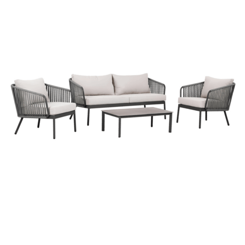 ANNECY SET 4PCS ALU/ROPE/CUSHIONS - GRAY/LIGHT BEIGE SOFA+TABLE